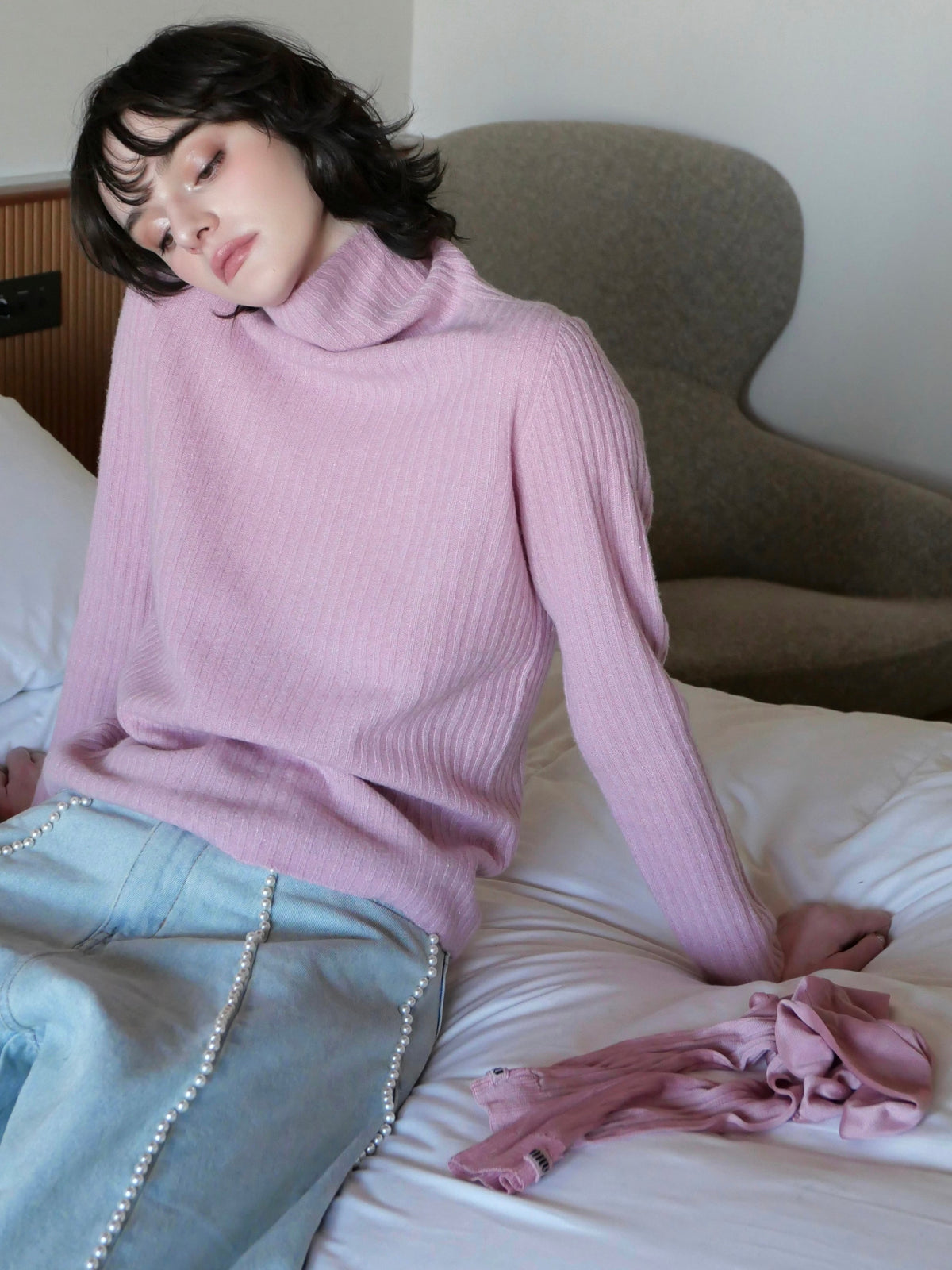 【AMOMMA】WOOL LAME RIB TURTLE KNIT