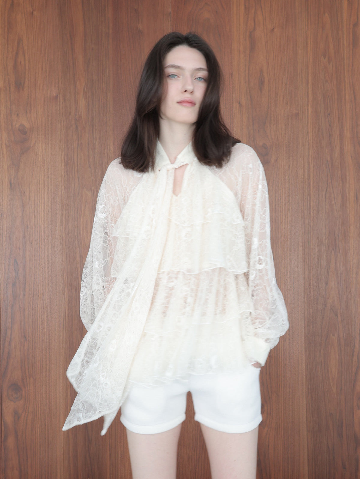【SAMPLE SALE / célon】lace bow tiered blouse