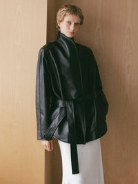 【célon】belted long leather jacket