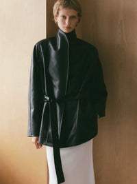 【célon】belted long leather jacket