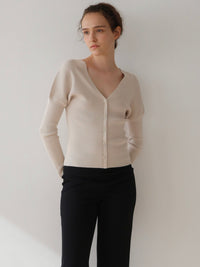 V-neck Ribbed Puff Sleeve Cardigan