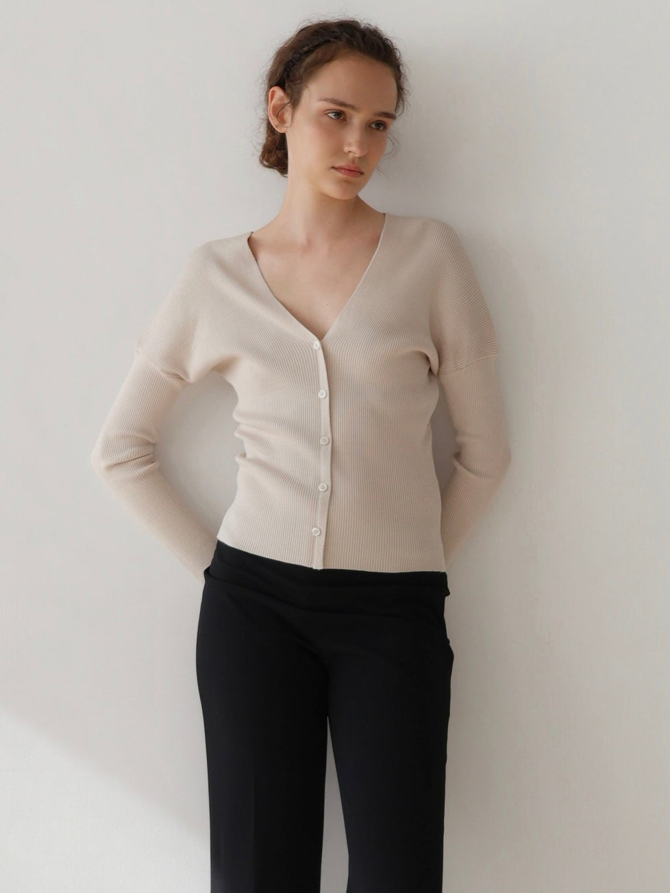 V-neck Ribbed Puff Sleeve Cardigan