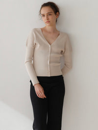 V-neck Ribbed Puff Sleeve Cardigan