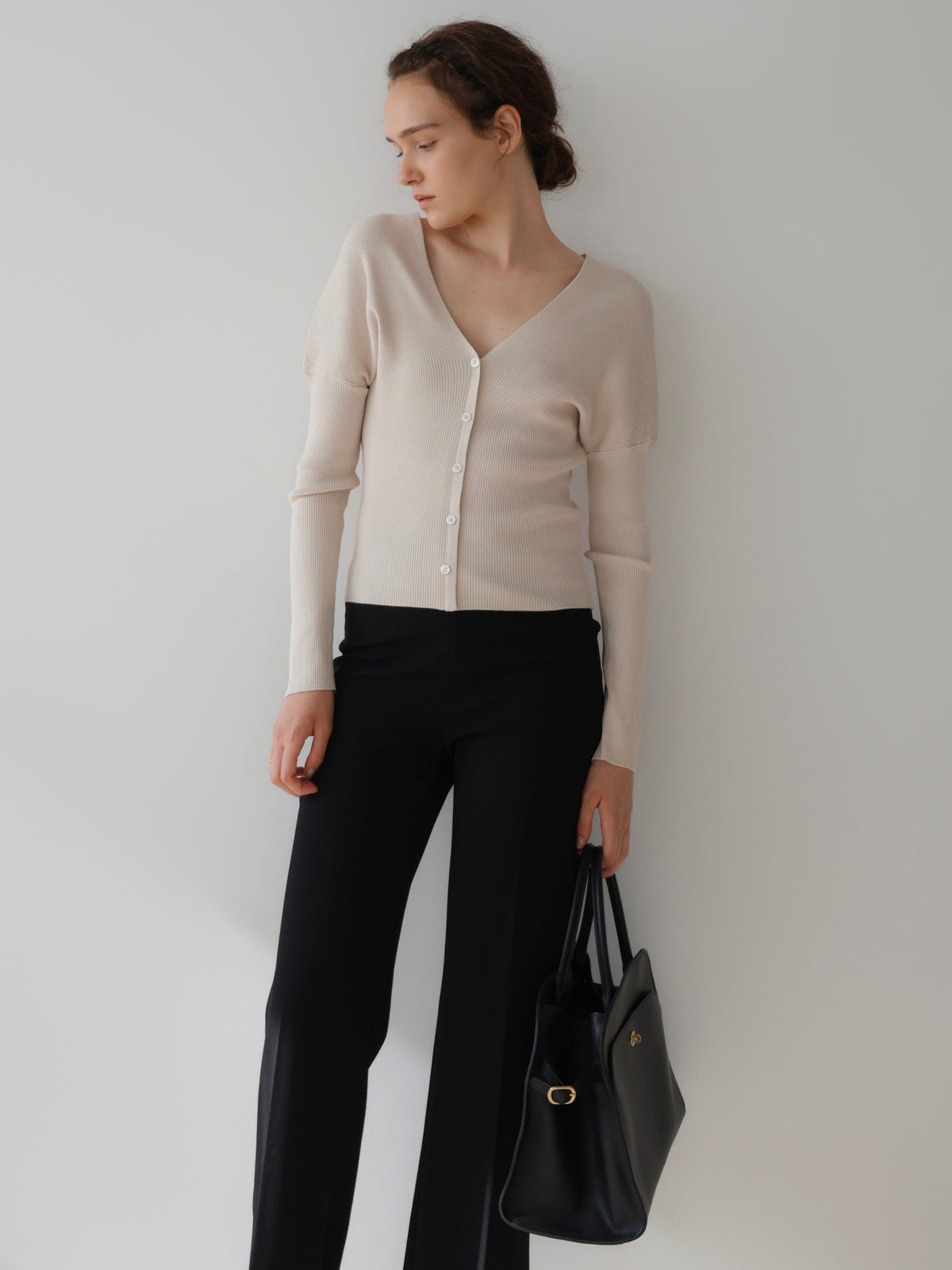 V-neck Ribbed Puff Sleeve Cardigan