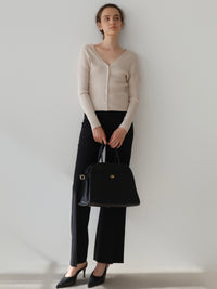 V-neck Ribbed Puff Sleeve Cardigan
