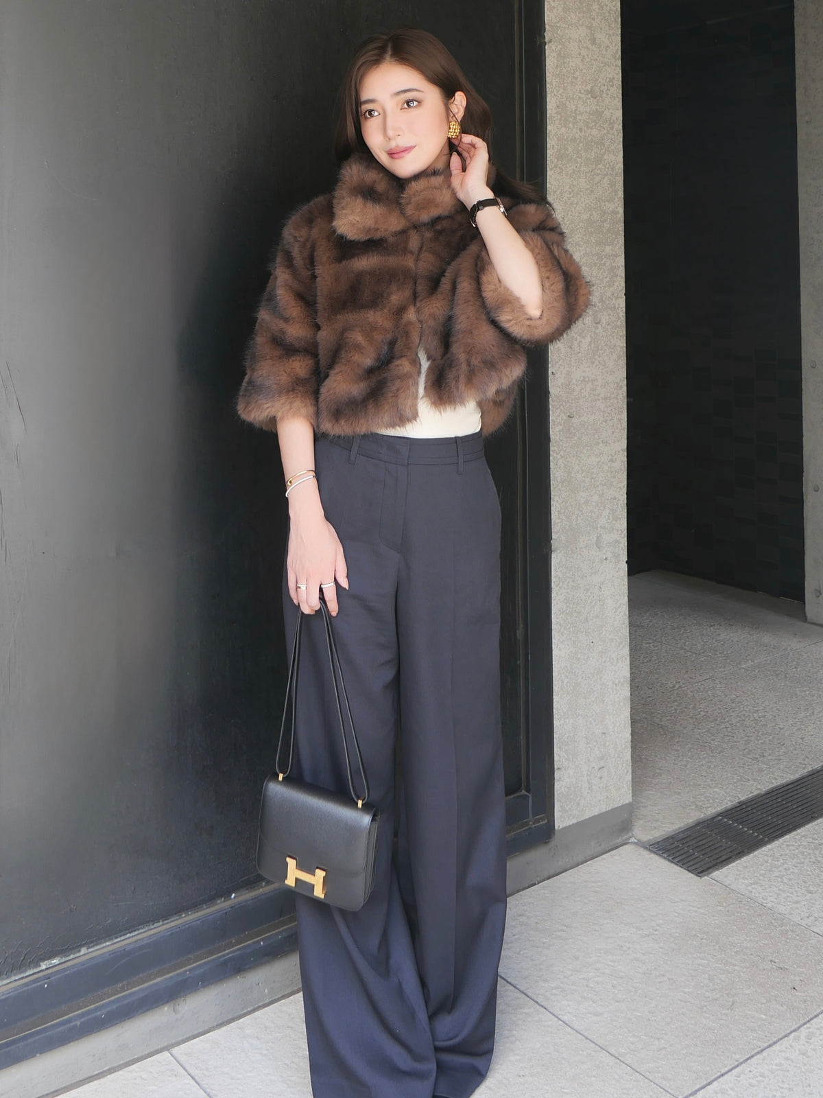 【célon】fur crop jacket