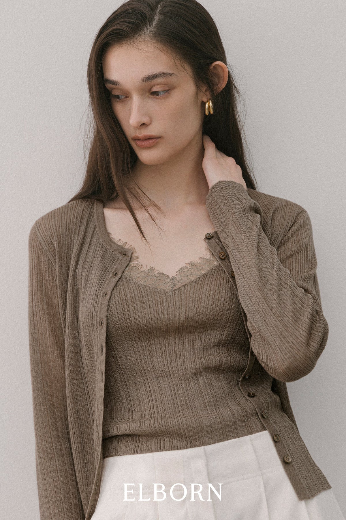 【ELBORN】Lace Wool Knit Cardigan Set-up